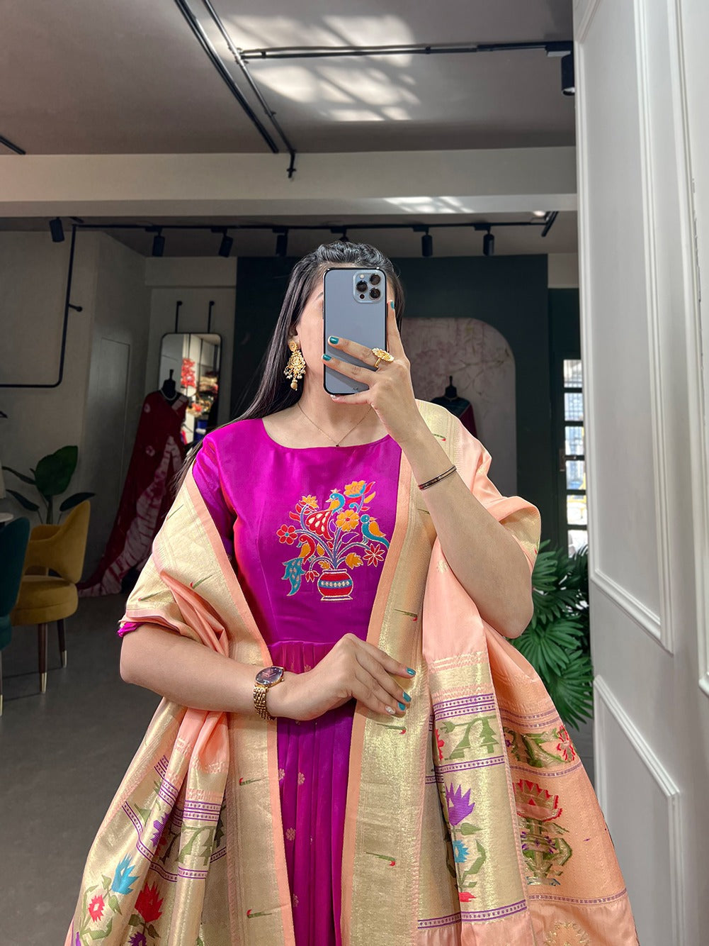 Purple Jacquard Silk Stitched Gown