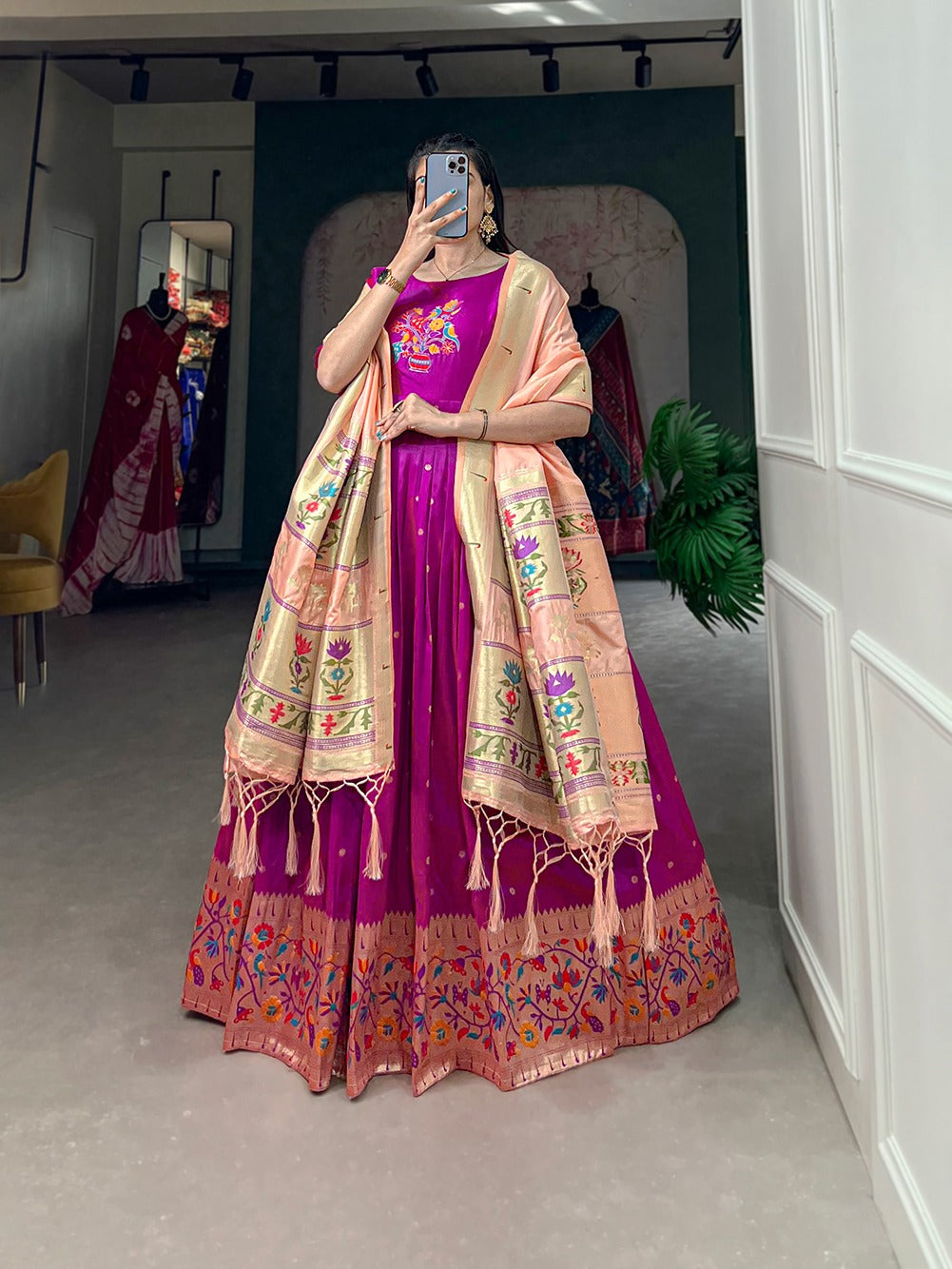 Purple Jacquard Silk Stitched Gown