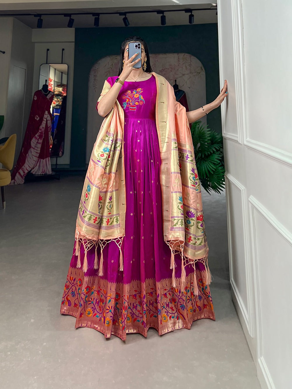Purple Jacquard Silk Stitched Gown