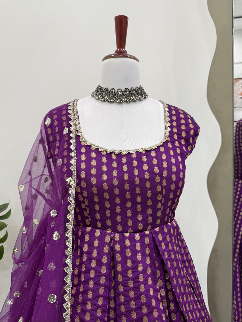 Purple Jacquard Silk Suit Set with Weaving Work & Sequins Dupatta Ready To Wear