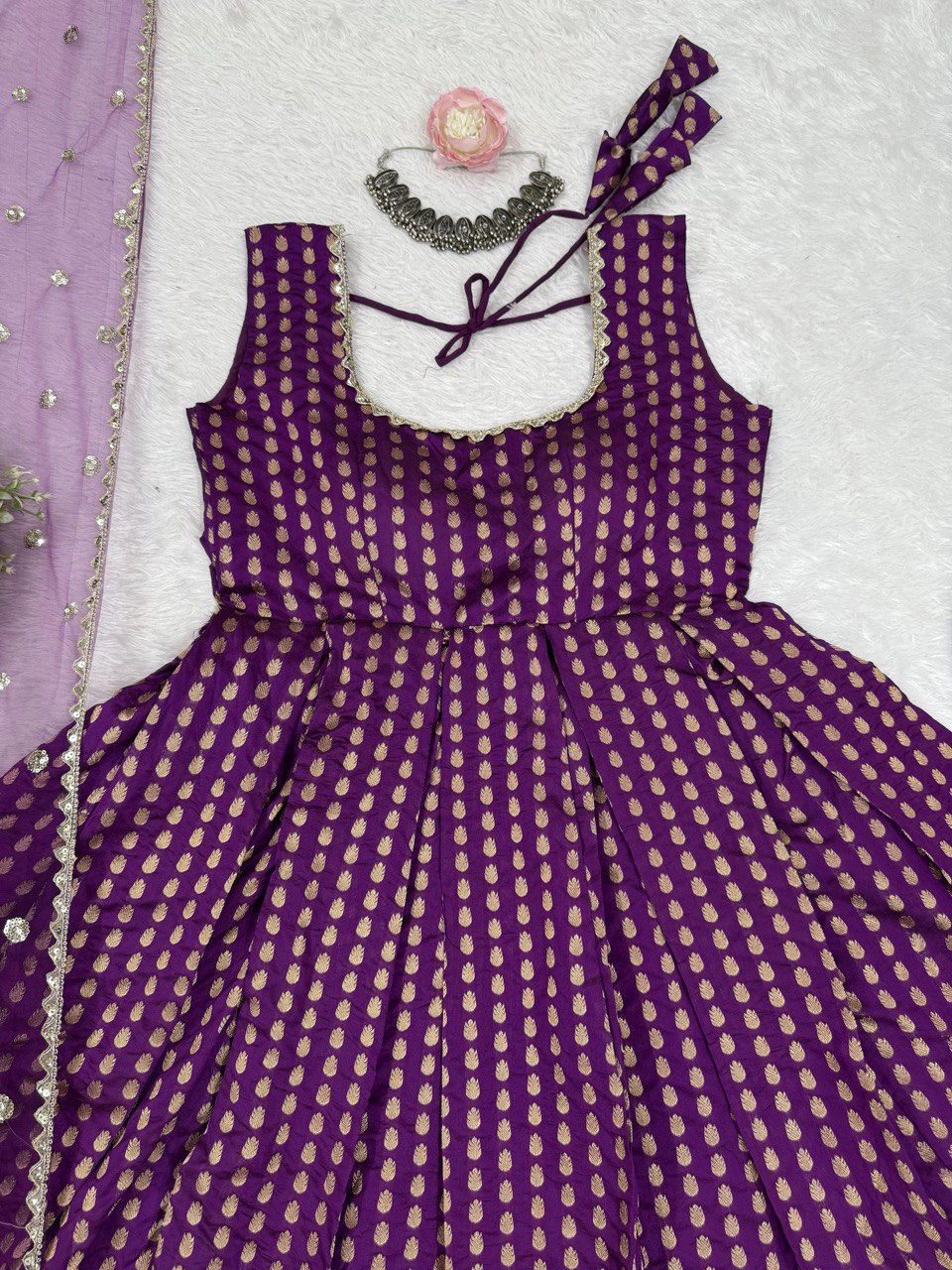 Purple Jacquard Silk Suit Set with Weaving Work & Sequins Dupatta Ready To Wear