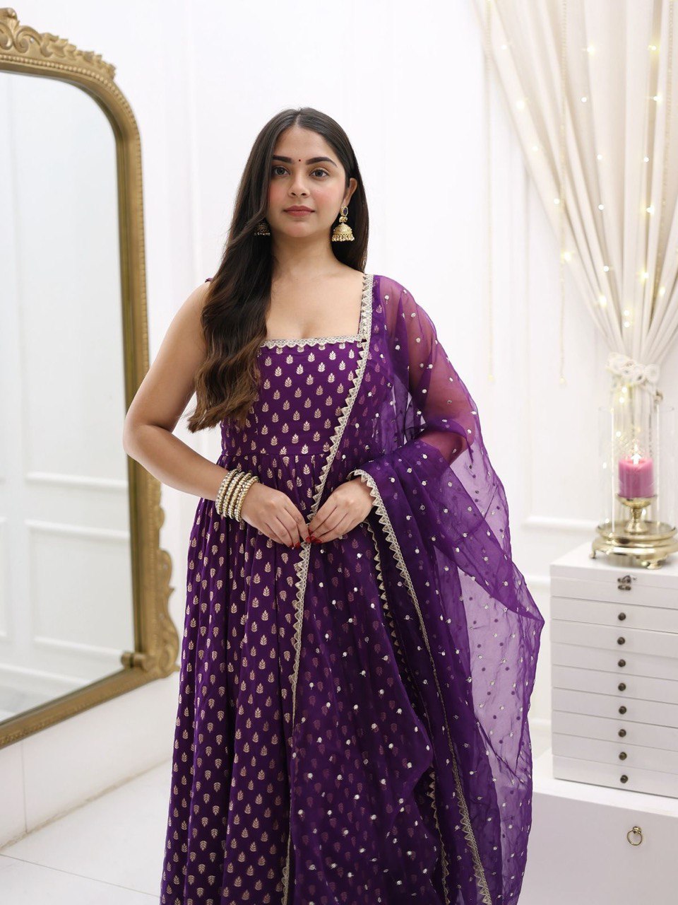 Purple Jacquard Silk Suit Set with Weaving Work & Sequins Dupatta Ready To Wear