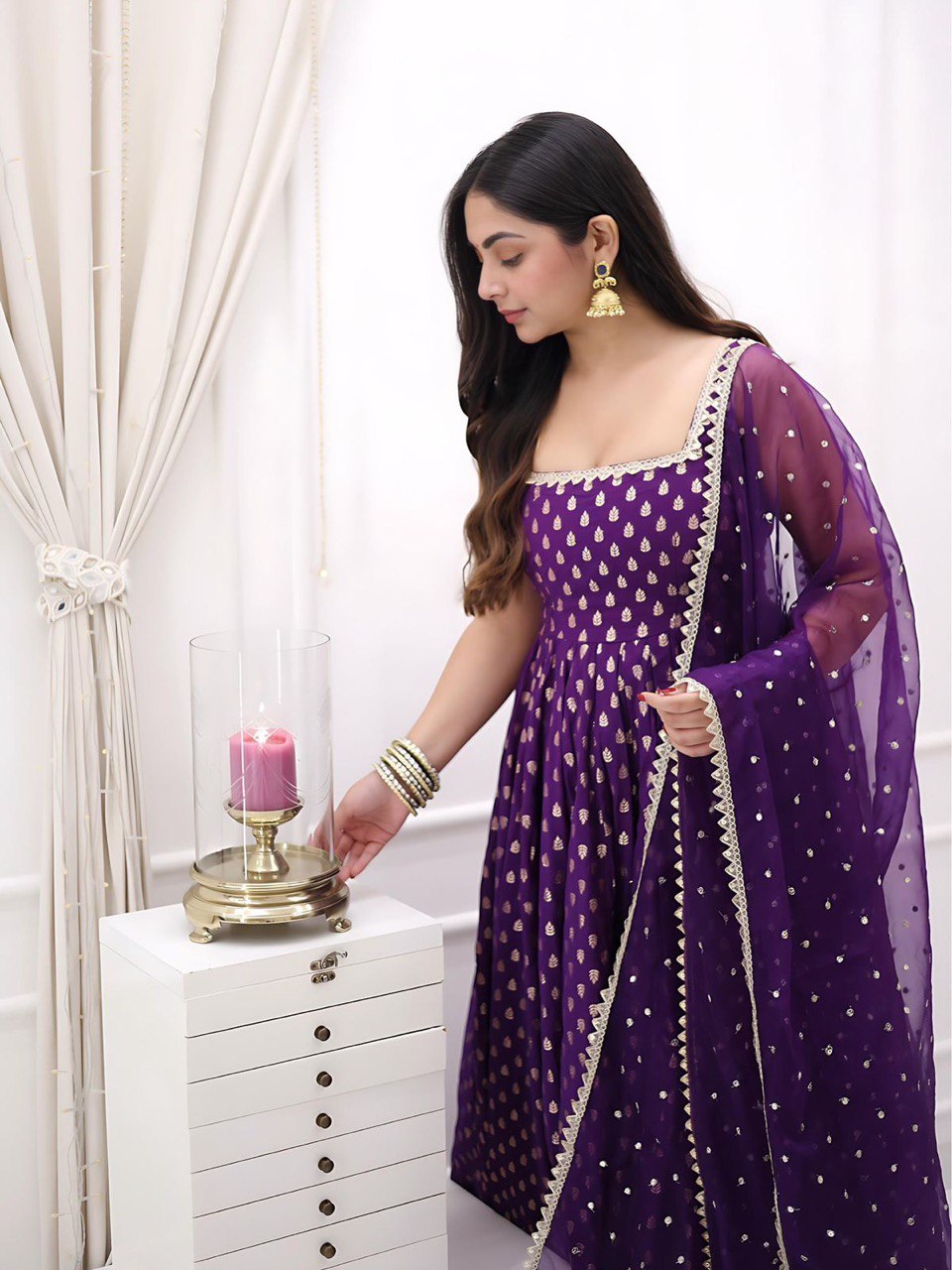 Purple Jacquard Silk Suit Set with Weaving Work & Sequins Dupatta Ready To Wear