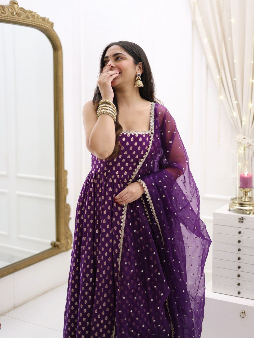 Purple Jacquard Silk Suit Set with Weaving Work & Sequins Dupatta Ready To Wear