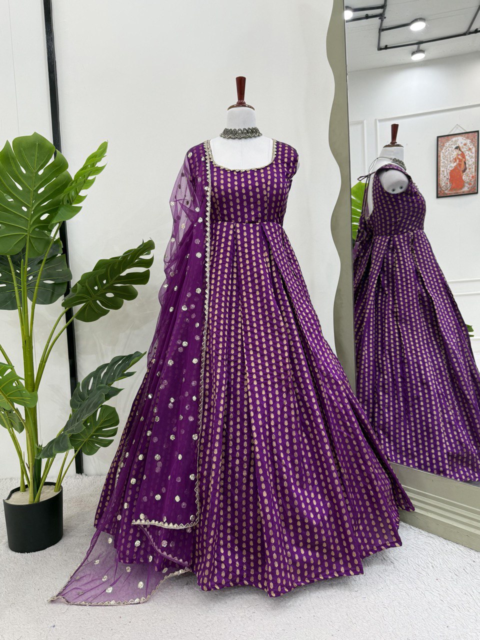 Purple Jacquard Silk Suit Set with Weaving Work & Sequins Dupatta Ready To Wear