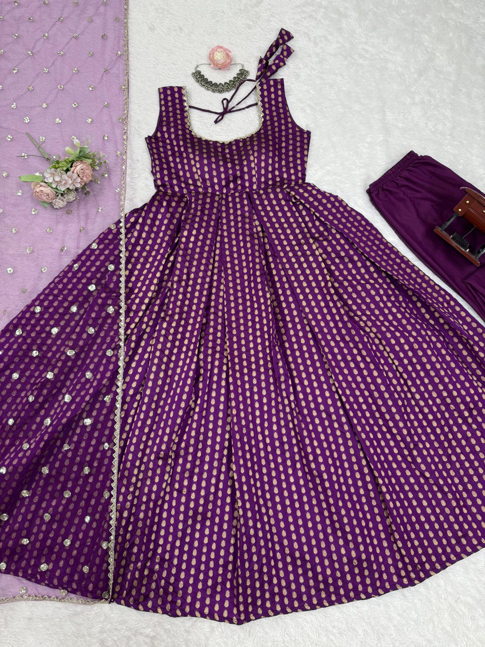 Purple Jacquard Silk Suit Set with Weaving Work & Sequins Dupatta Ready To Wear