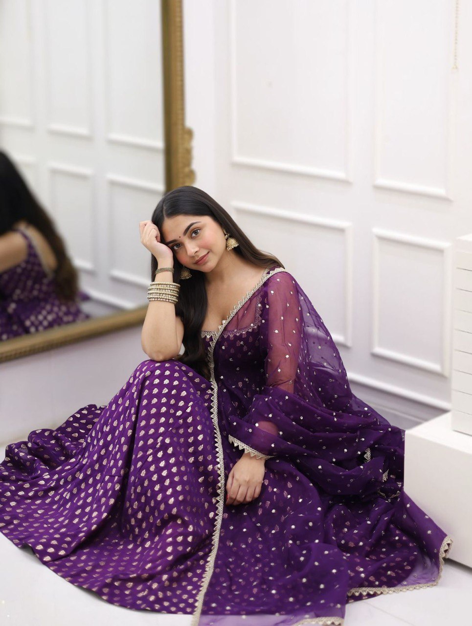 Purple Jacquard Silk Suit Set with Weaving Work & Sequins Dupatta Ready To Wear