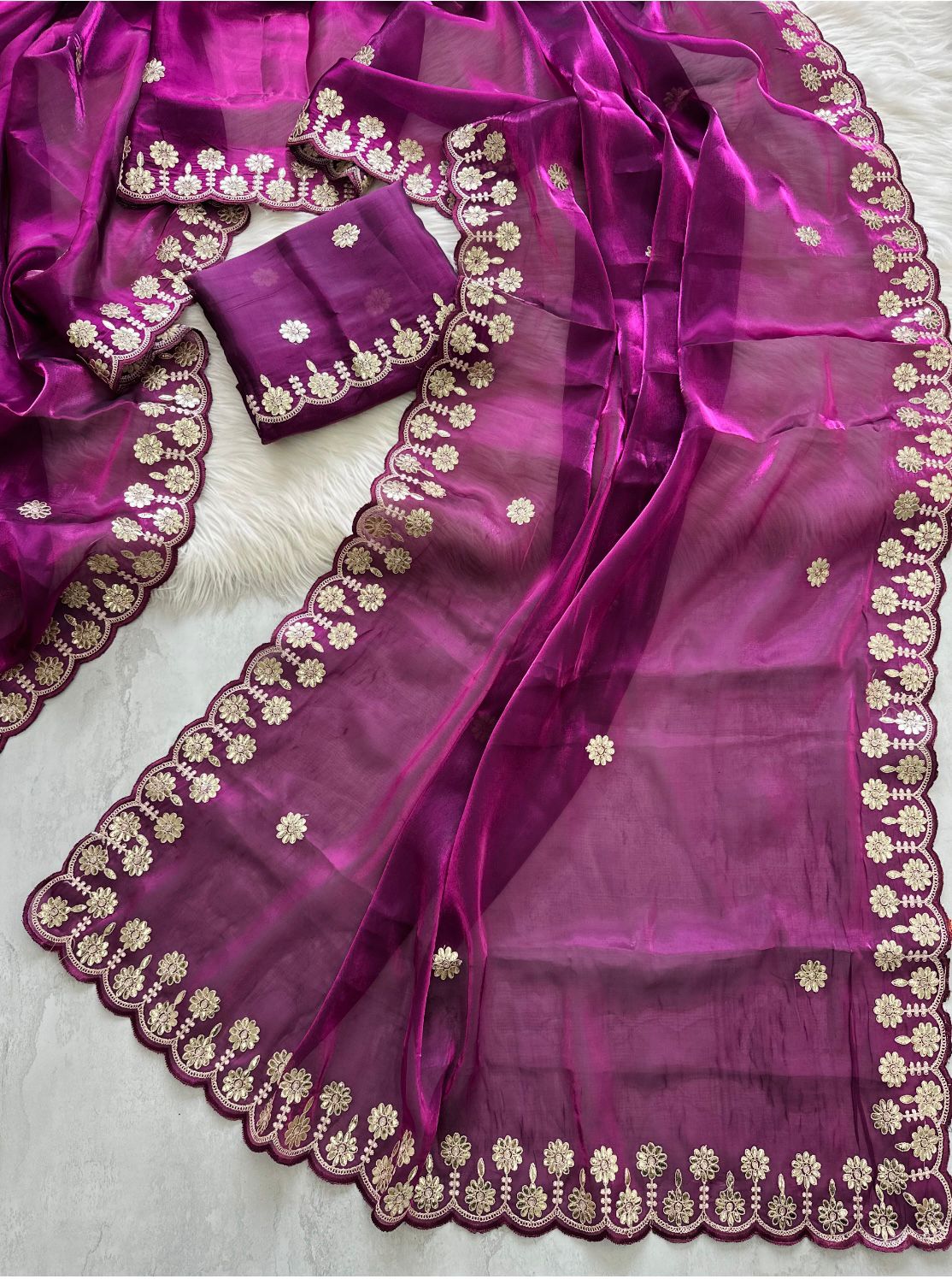 Purple Saree with Beautiful Jaipuri Gota Work – Complete with Matching Running Blouse