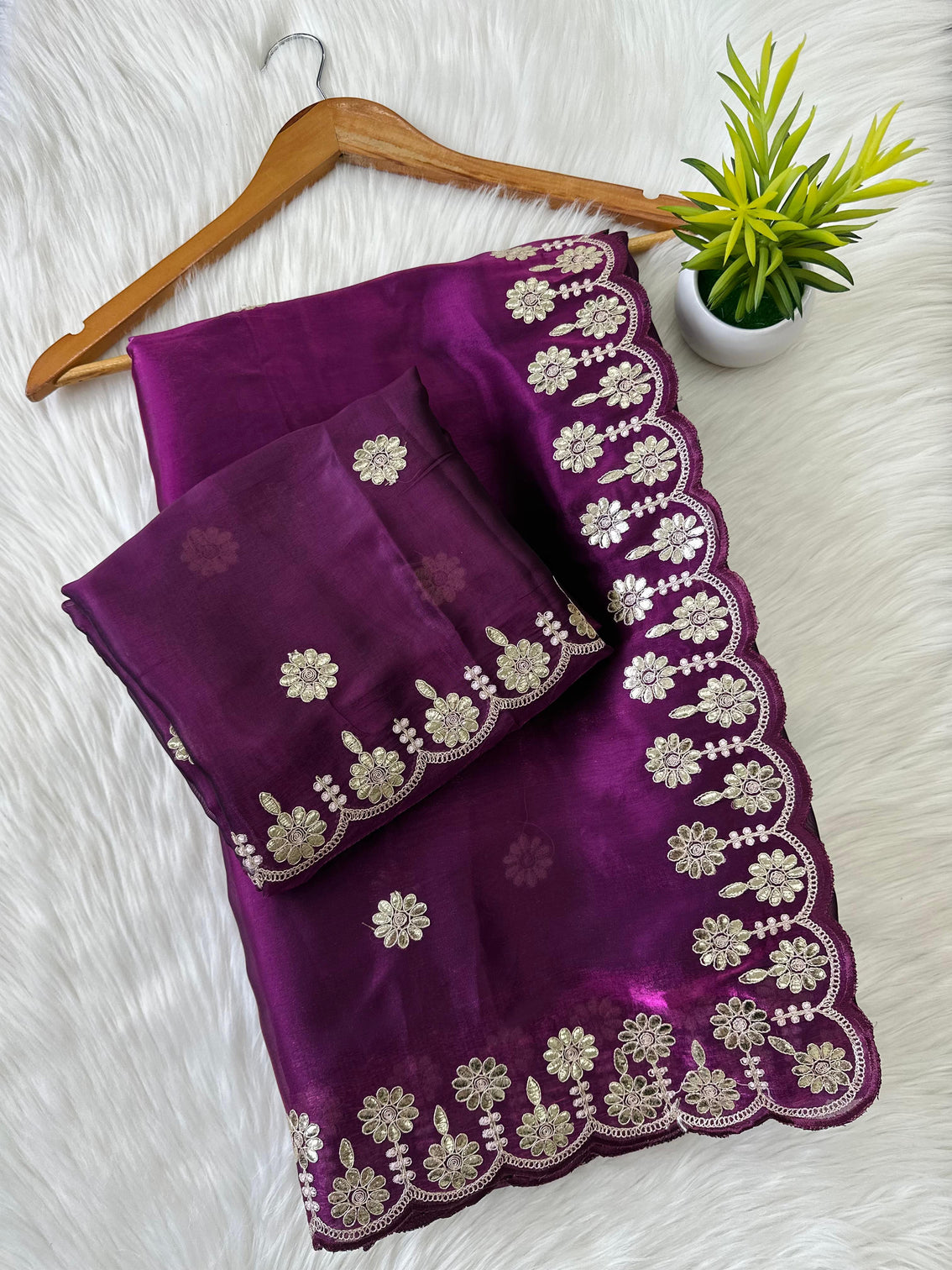 Purple Saree with Beautiful Jaipuri Gota Work – Complete with Matching Running Blouse
