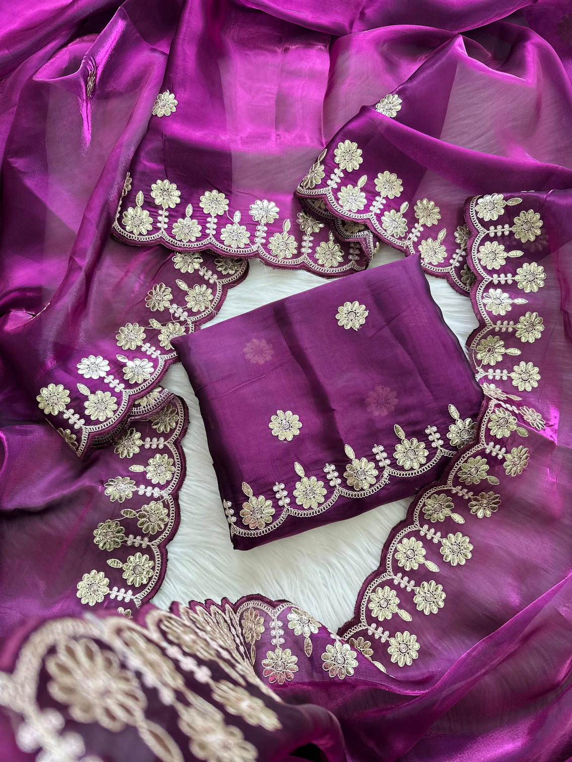 Purple Saree with Beautiful Jaipuri Gota Work – Complete with Matching Running Blouse
