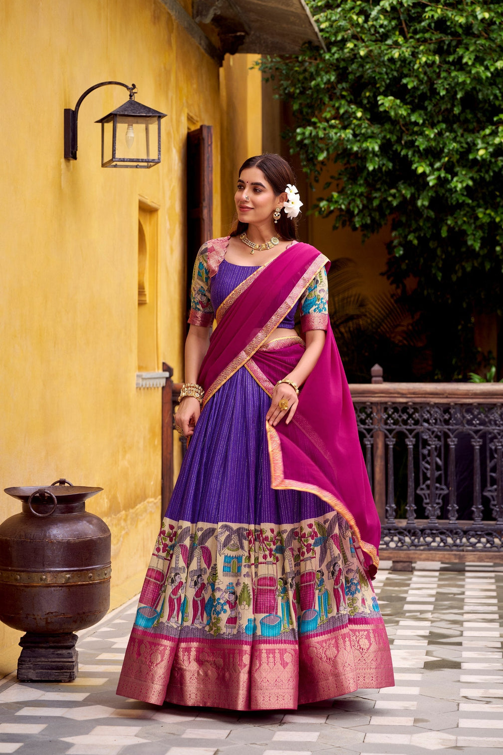 Purple Kalamkari Printed Poly Chanderi Lehenga Set with Georgette Dupatta
