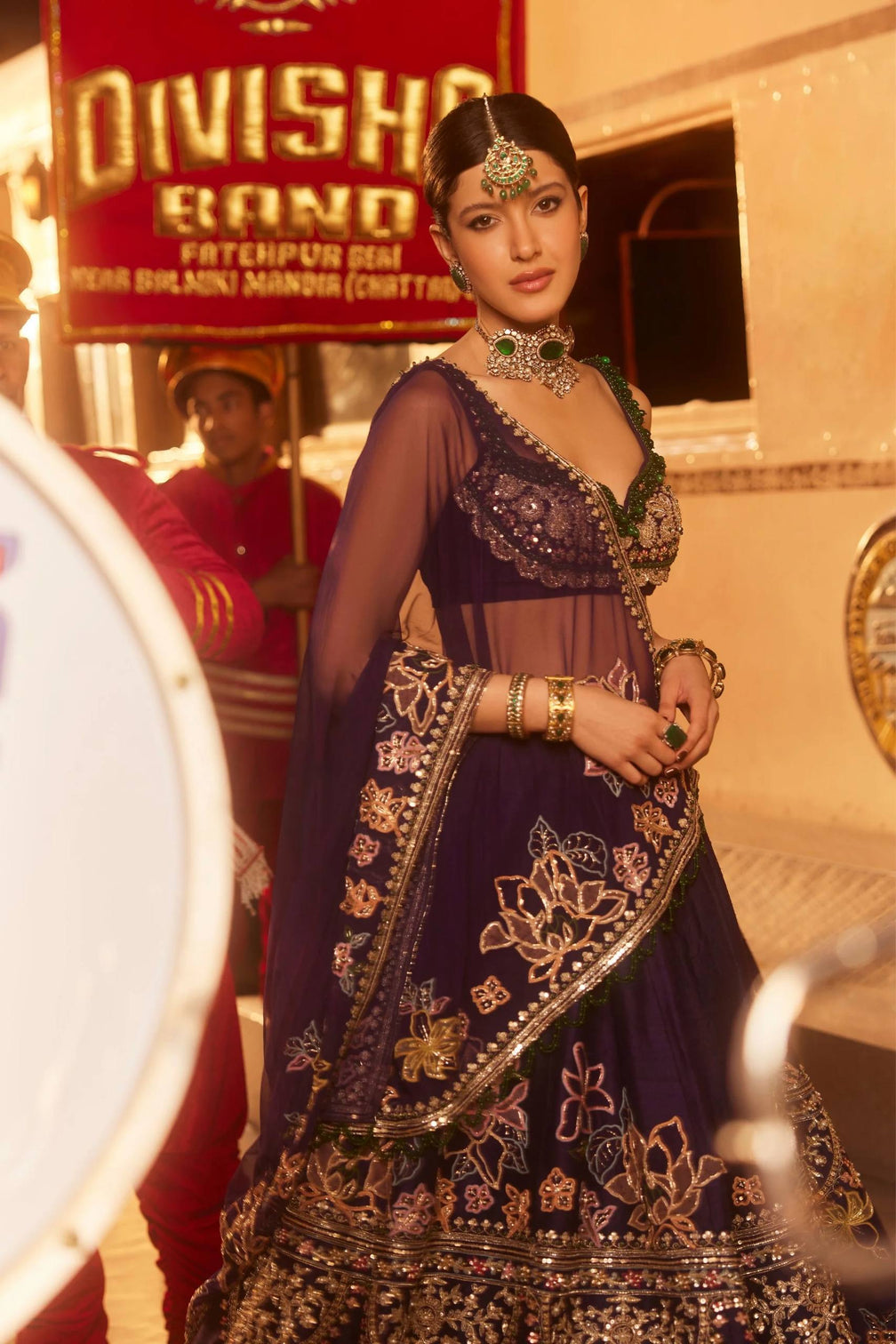 Purple Kasturi Silk Multi-Thread Lehenga Set
