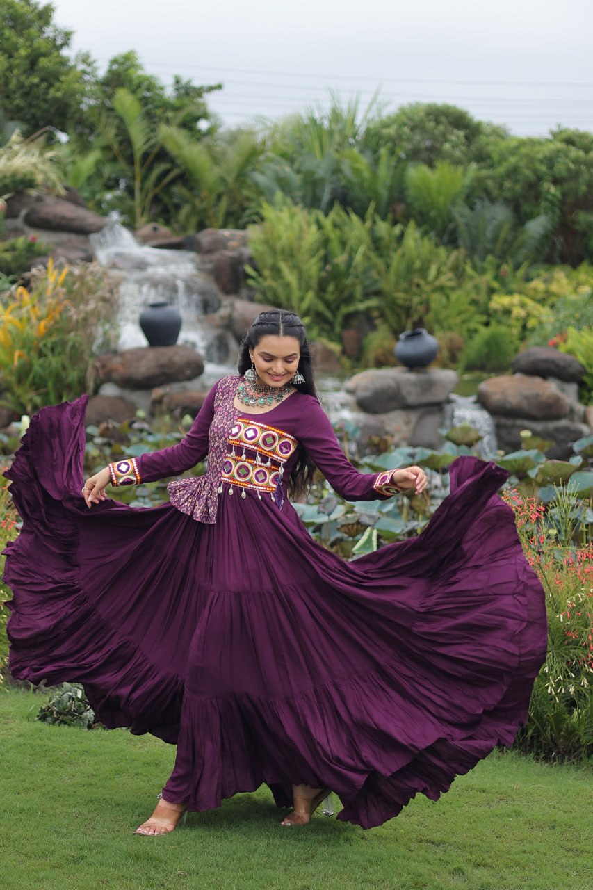 Purple Kutchi Gamthi Embroidered Rayon Frill Gown – 14 Kg Rayon, 12 Meter Flair, Fully Stitched with Cotton Lining
