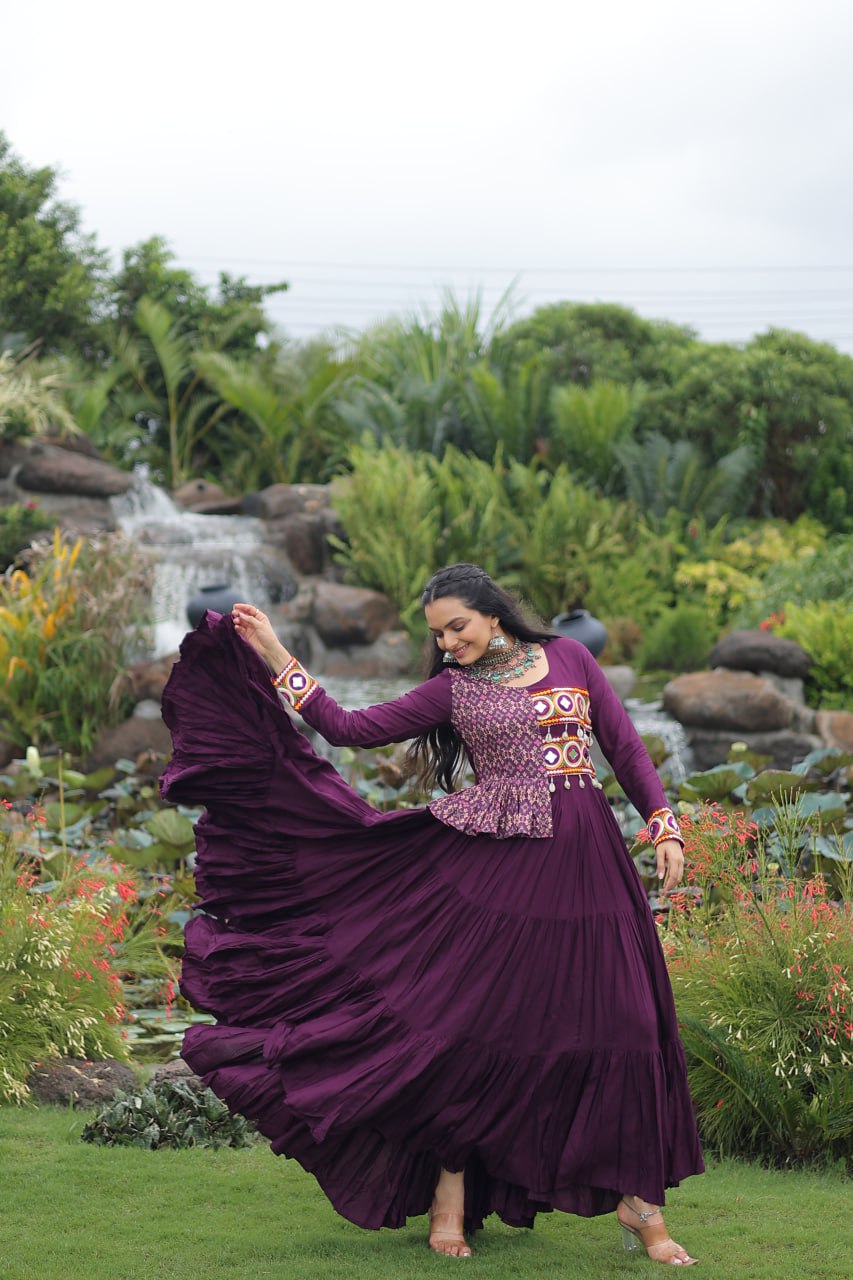 Purple Kutchi Gamthi Embroidered Rayon Frill Gown – 14 Kg Rayon, 12 Meter Flair, Fully Stitched with Cotton Lining