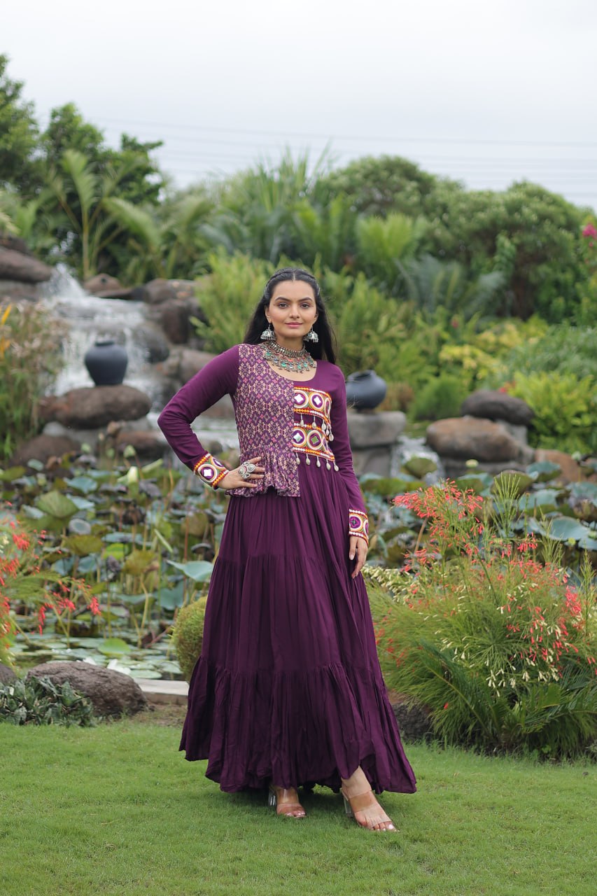 Purple Kutchi Gamthi Embroidered Rayon Frill Gown – 14 Kg Rayon, 12 Meter Flair, Fully Stitched with Cotton Lining