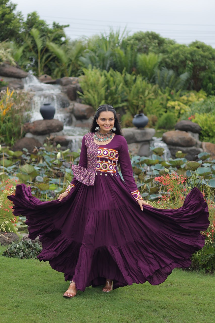 Purple Kutchi Gamthi Embroidered Rayon Frill Gown – 14 Kg Rayon, 12 Meter Flair, Fully Stitched with Cotton Lining