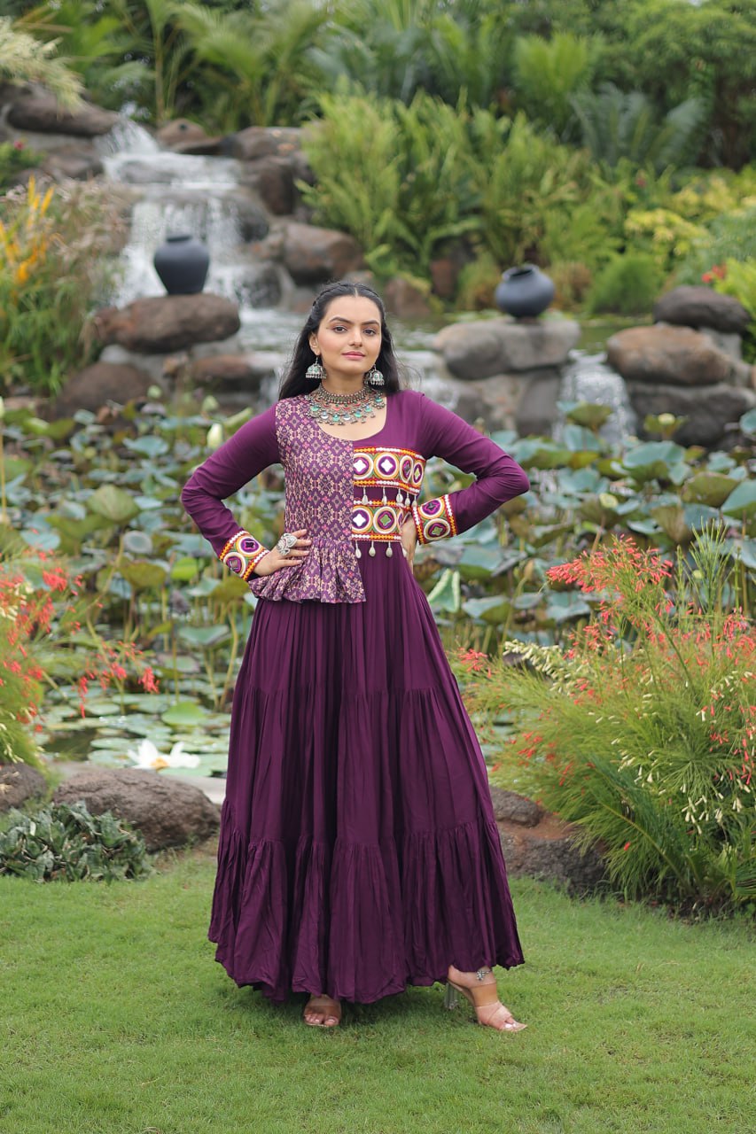 Purple Kutchi Gamthi Embroidered Rayon Frill Gown – 14 Kg Rayon, 12 Meter Flair, Fully Stitched with Cotton Lining