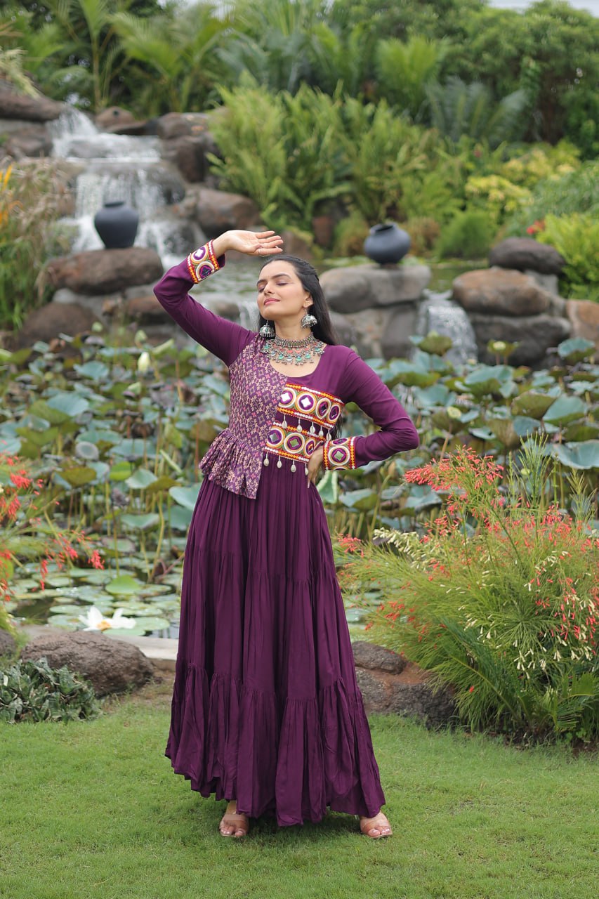 Purple Kutchi Gamthi Embroidered Rayon Frill Gown – 14 Kg Rayon, 12 Meter Flair, Fully Stitched with Cotton Lining