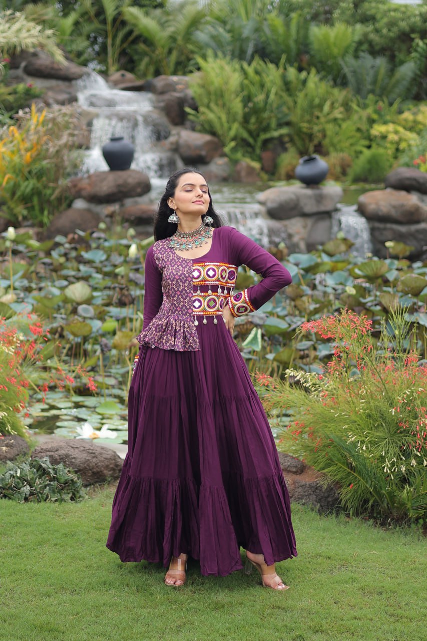 Purple Kutchi Gamthi Embroidered Rayon Frill Gown – 14 Kg Rayon, 12 Meter Flair, Fully Stitched with Cotton Lining