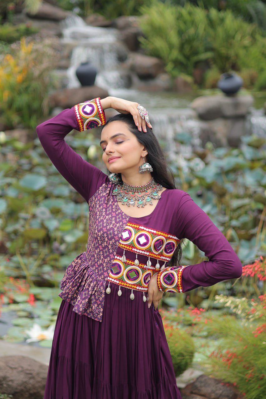 Purple Kutchi Gamthi Embroidered Rayon Frill Gown – 14 Kg Rayon, 12 Meter Flair, Fully Stitched with Cotton Lining