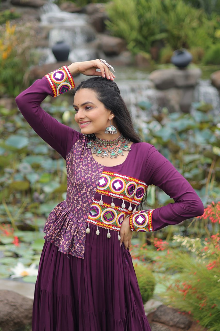 Purple Kutchi Gamthi Embroidered Rayon Frill Gown – 14 Kg Rayon, 12 Meter Flair, Fully Stitched with Cotton Lining