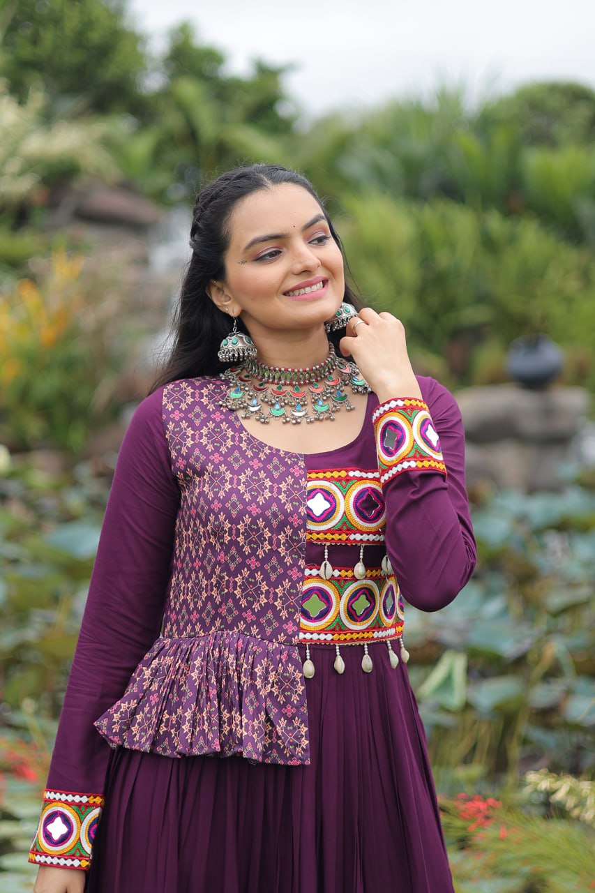 Purple Kutchi Gamthi Embroidered Rayon Frill Gown – 14 Kg Rayon, 12 Meter Flair, Fully Stitched with Cotton Lining