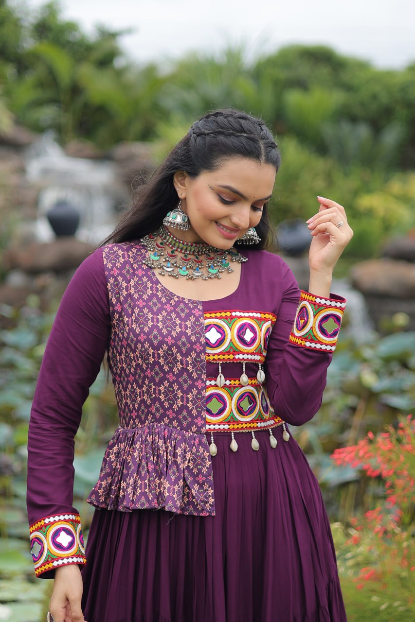 Purple Kutchi Gamthi Embroidered Rayon Frill Gown – 14 Kg Rayon, 12 Meter Flair, Fully Stitched with Cotton Lining