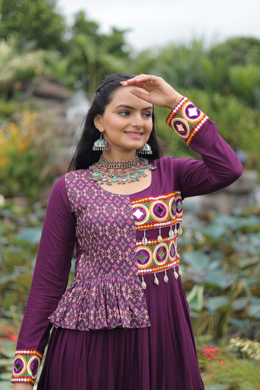 Purple Kutchi Gamthi Embroidered Rayon Frill Gown – 14 Kg Rayon, 12 Meter Flair, Fully Stitched with Cotton Lining