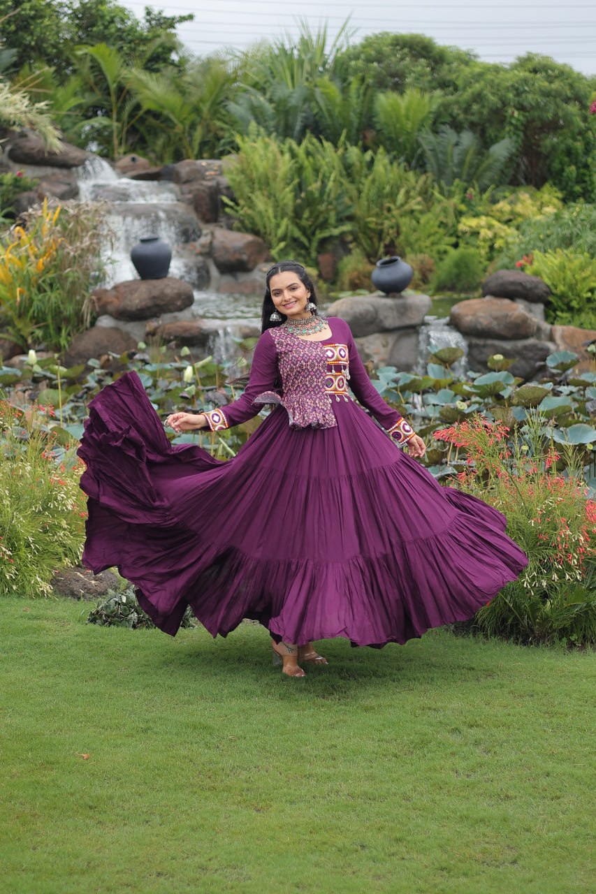 Purple Kutchi Gamthi Embroidered Rayon Frill Gown – 14 Kg Rayon, 12 Meter Flair, Fully Stitched with Cotton Lining