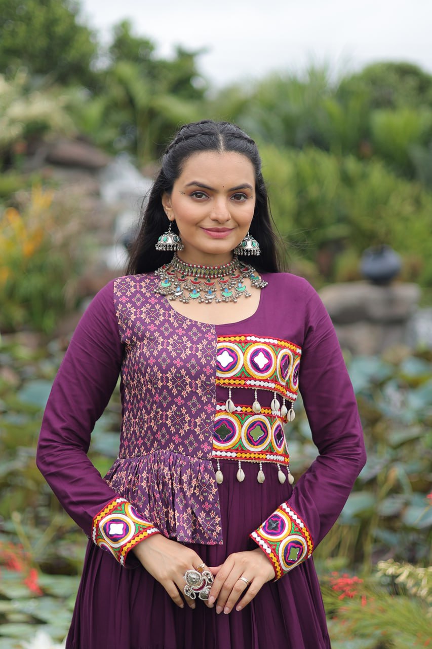 Purple Kutchi Gamthi Embroidered Rayon Frill Gown – 14 Kg Rayon, 12 Meter Flair, Fully Stitched with Cotton Lining