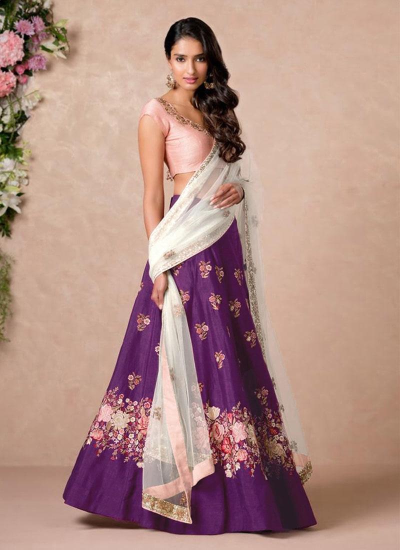 Purple Lehenga Paired With Blush Pink Blouse With Dupatta Set