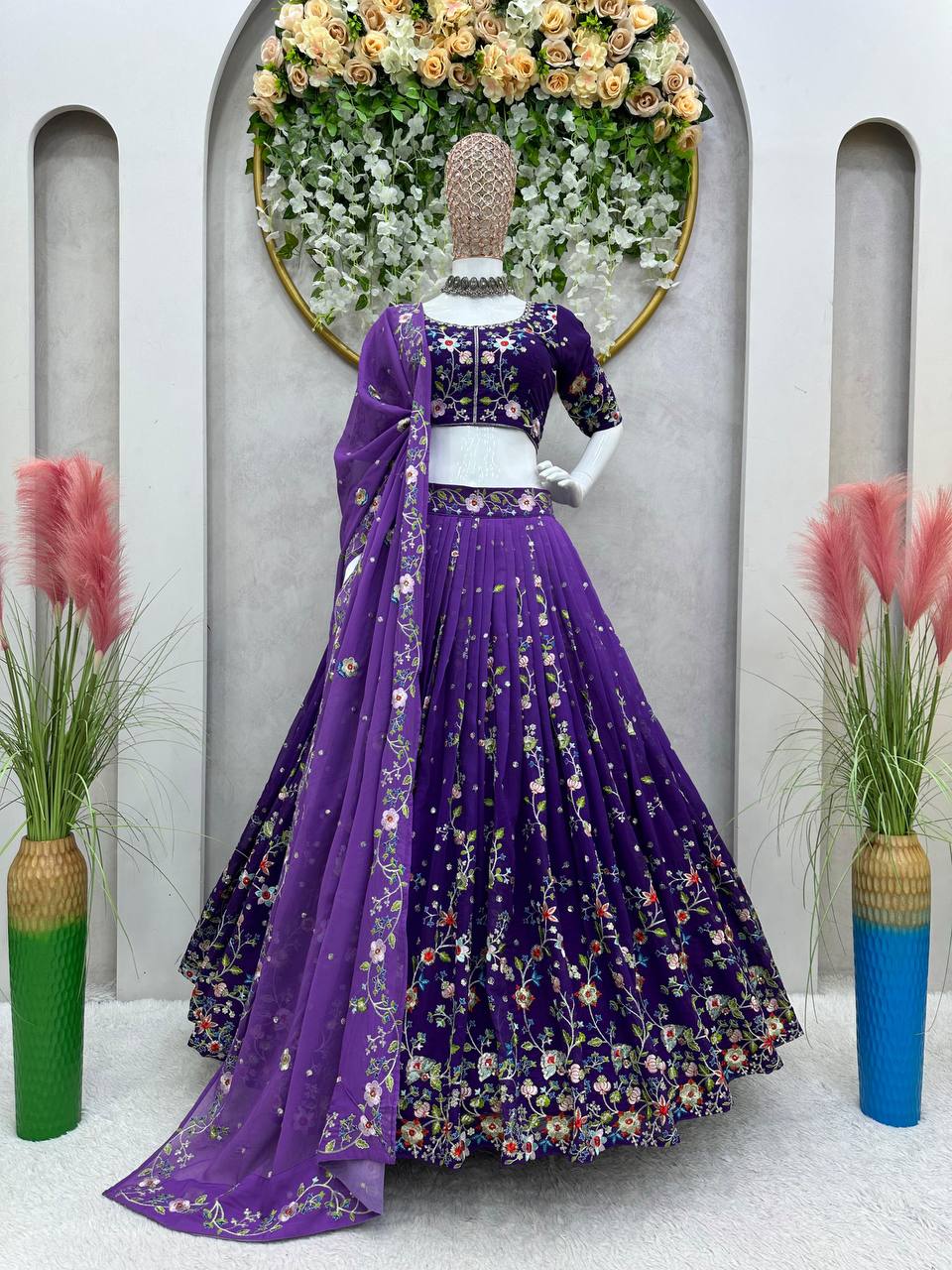 Purple Luxe Digital Print Faux Georgette Lehenga Set with Sequence Embroidery & Matching Dupatta
