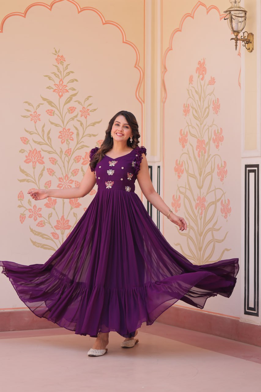 Purple Luxe Faux Blooming Embroidered Gown with Double Frill Sleeves