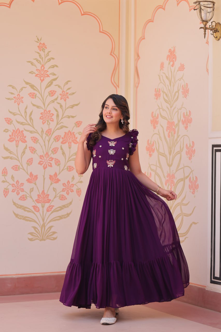 Purple Luxe Faux Blooming Embroidered Gown with Double Frill Sleeves