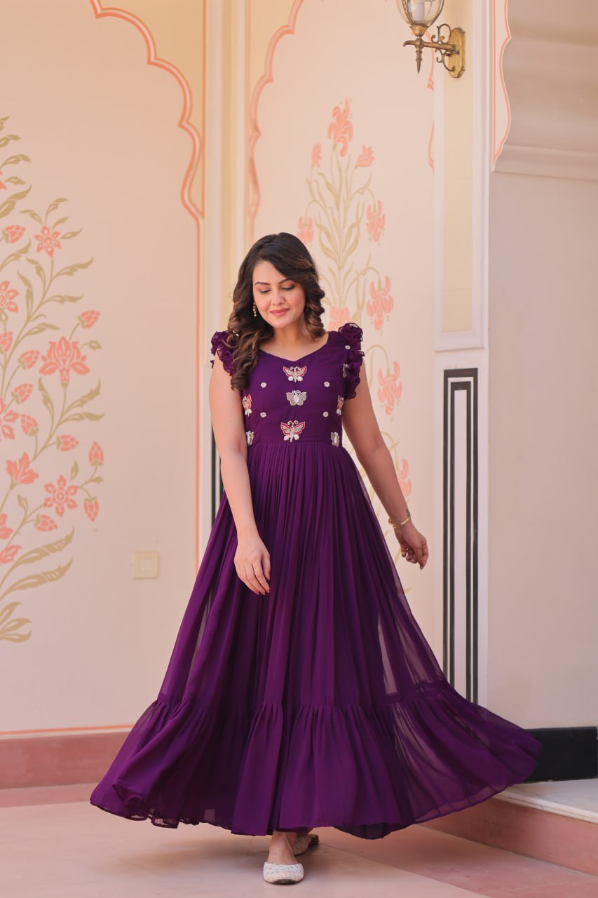 Purple Luxe Faux Blooming Embroidered Gown with Double Frill Sleeves
