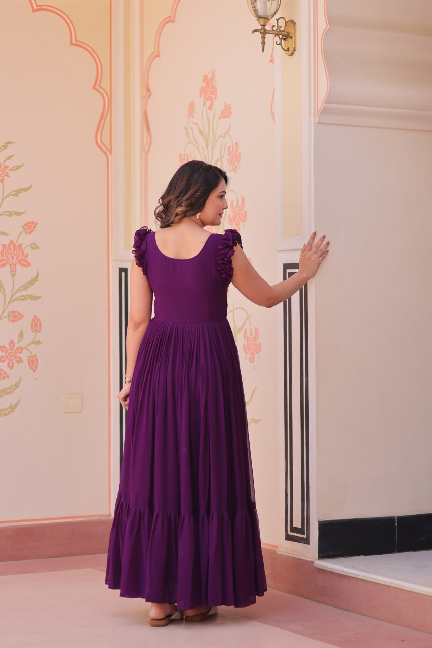 Purple Luxe Faux Blooming Embroidered Gown with Double Frill Sleeves