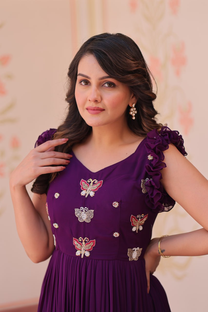 Purple Luxe Faux Blooming Embroidered Gown with Double Frill Sleeves