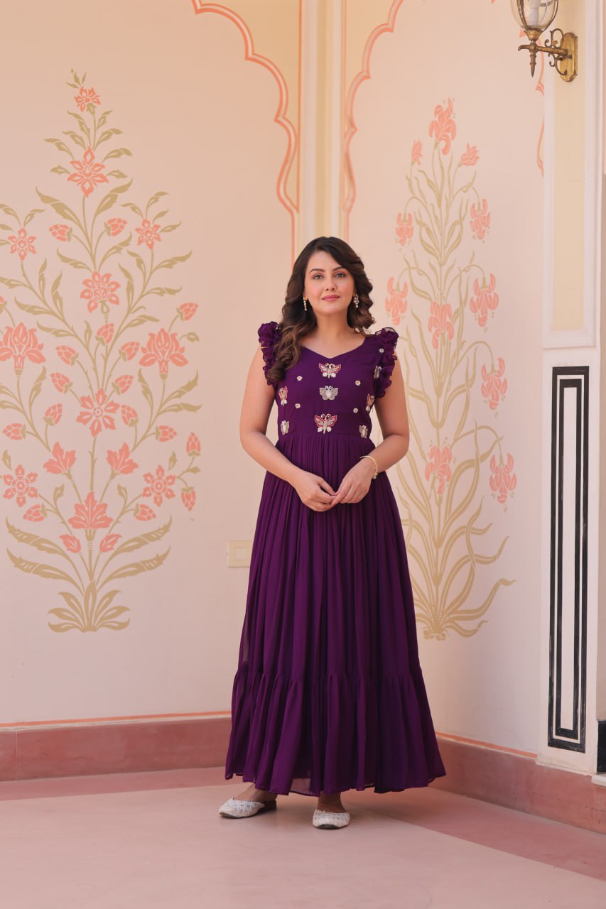 Purple Luxe Faux Blooming Embroidered Gown with Double Frill Sleeves
