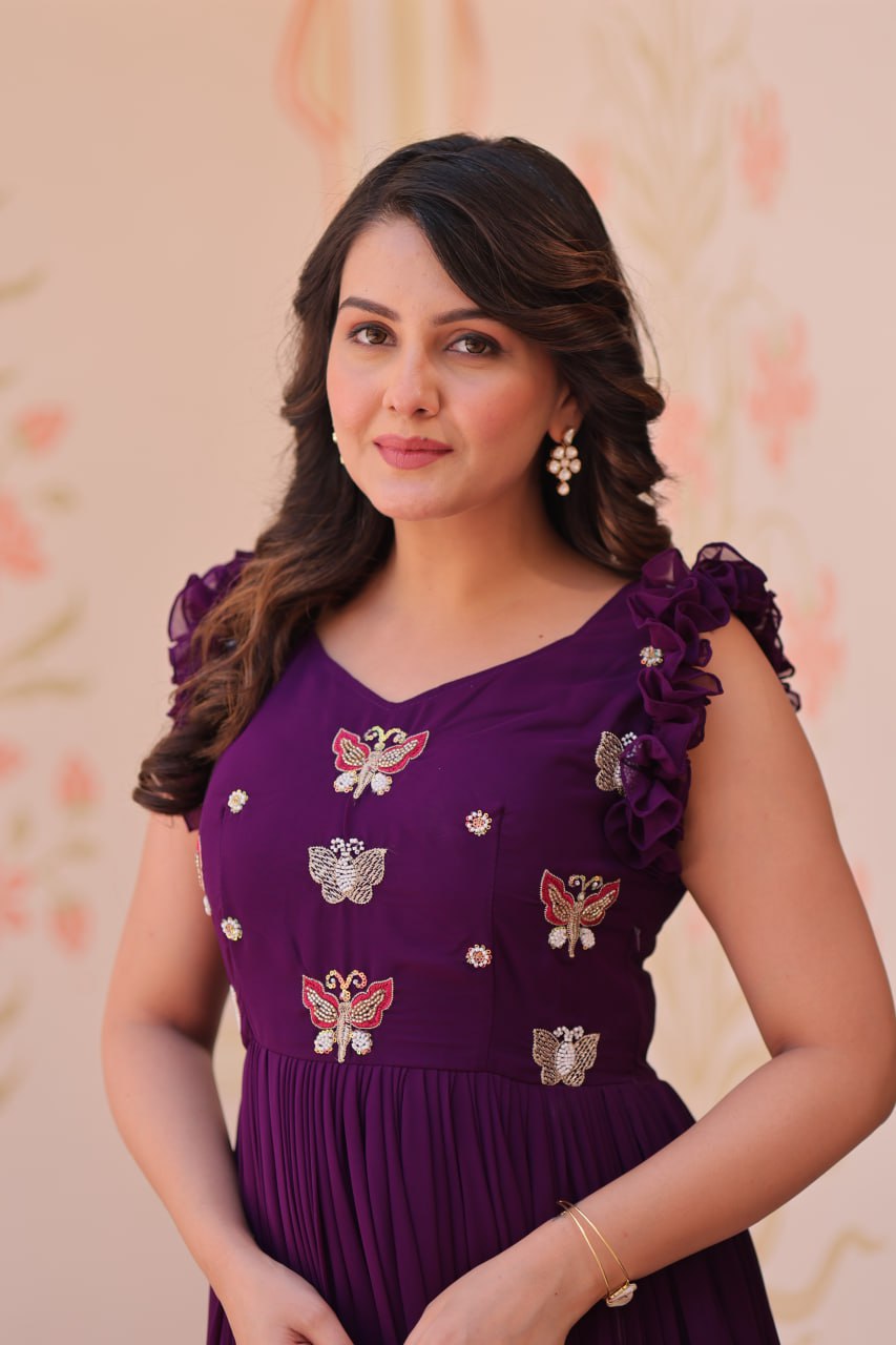Purple Luxe Faux Blooming Embroidered Gown with Double Frill Sleeves