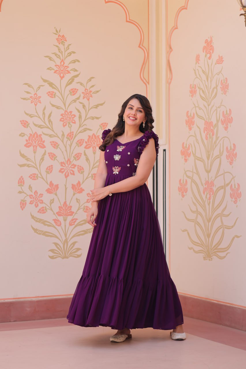 Purple Luxe Faux Blooming Embroidered Gown with Double Frill Sleeves