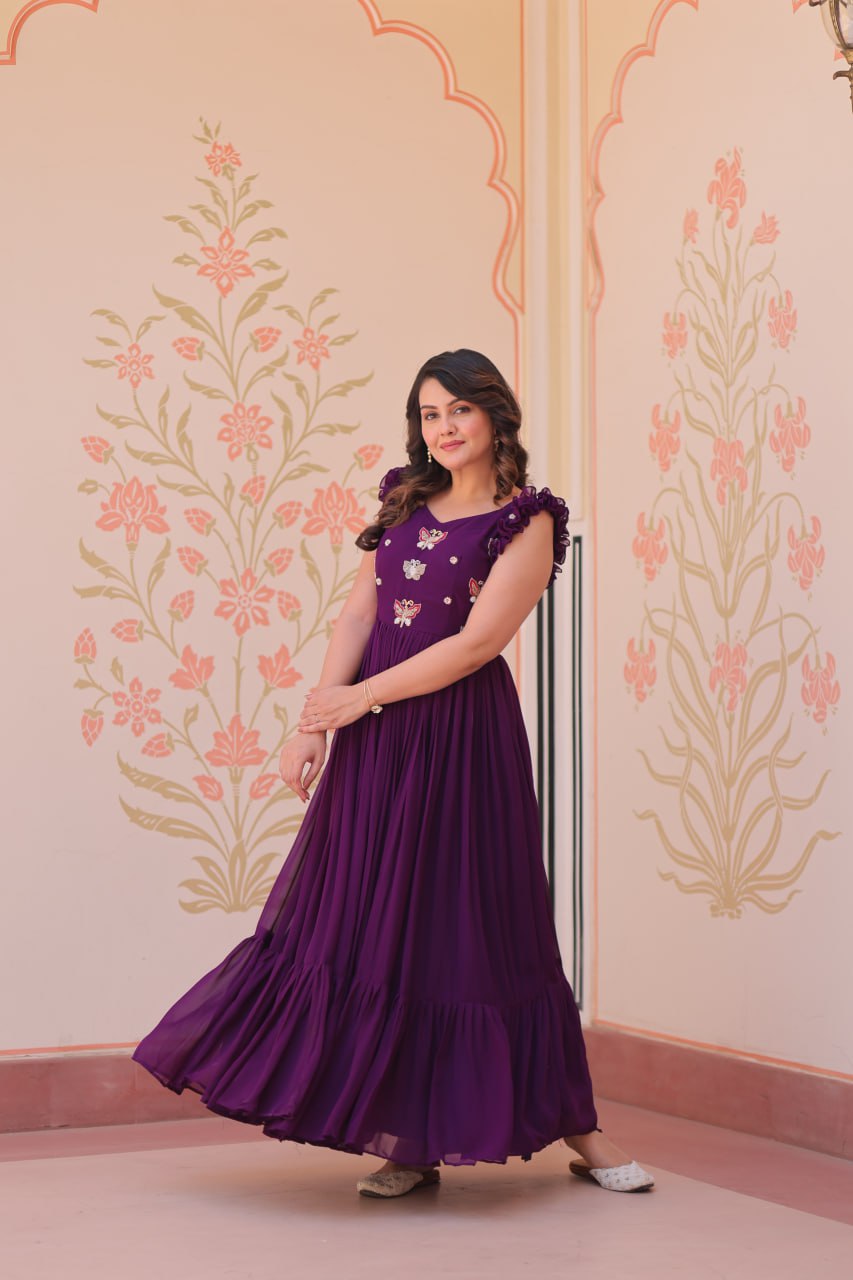 Purple Luxe Faux Blooming Embroidered Gown with Double Frill Sleeves