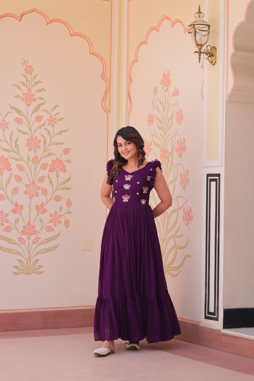 Purple Luxe Faux Blooming Embroidered Gown with Double Frill Sleeves