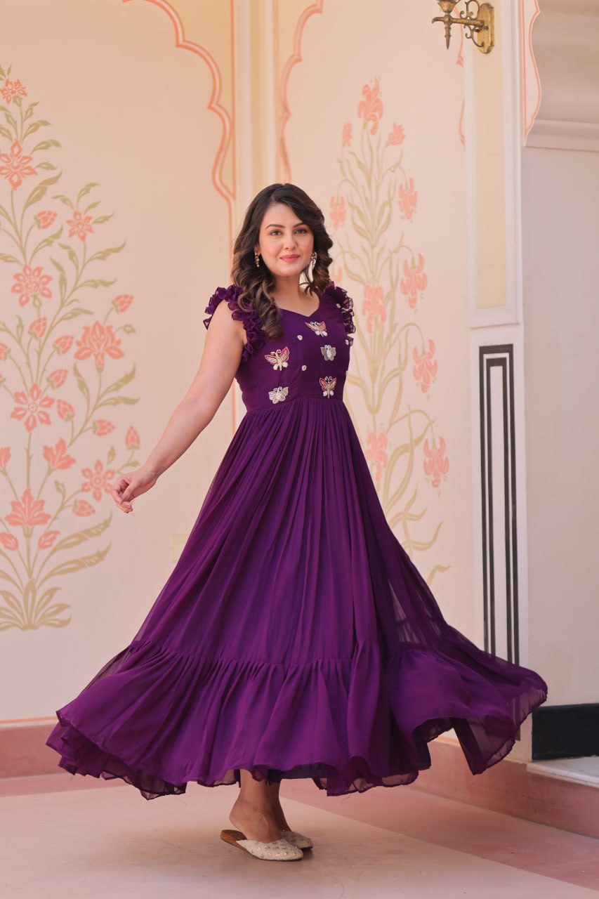 Purple Luxe Faux Blooming Embroidered Gown with Double Frill Sleeves