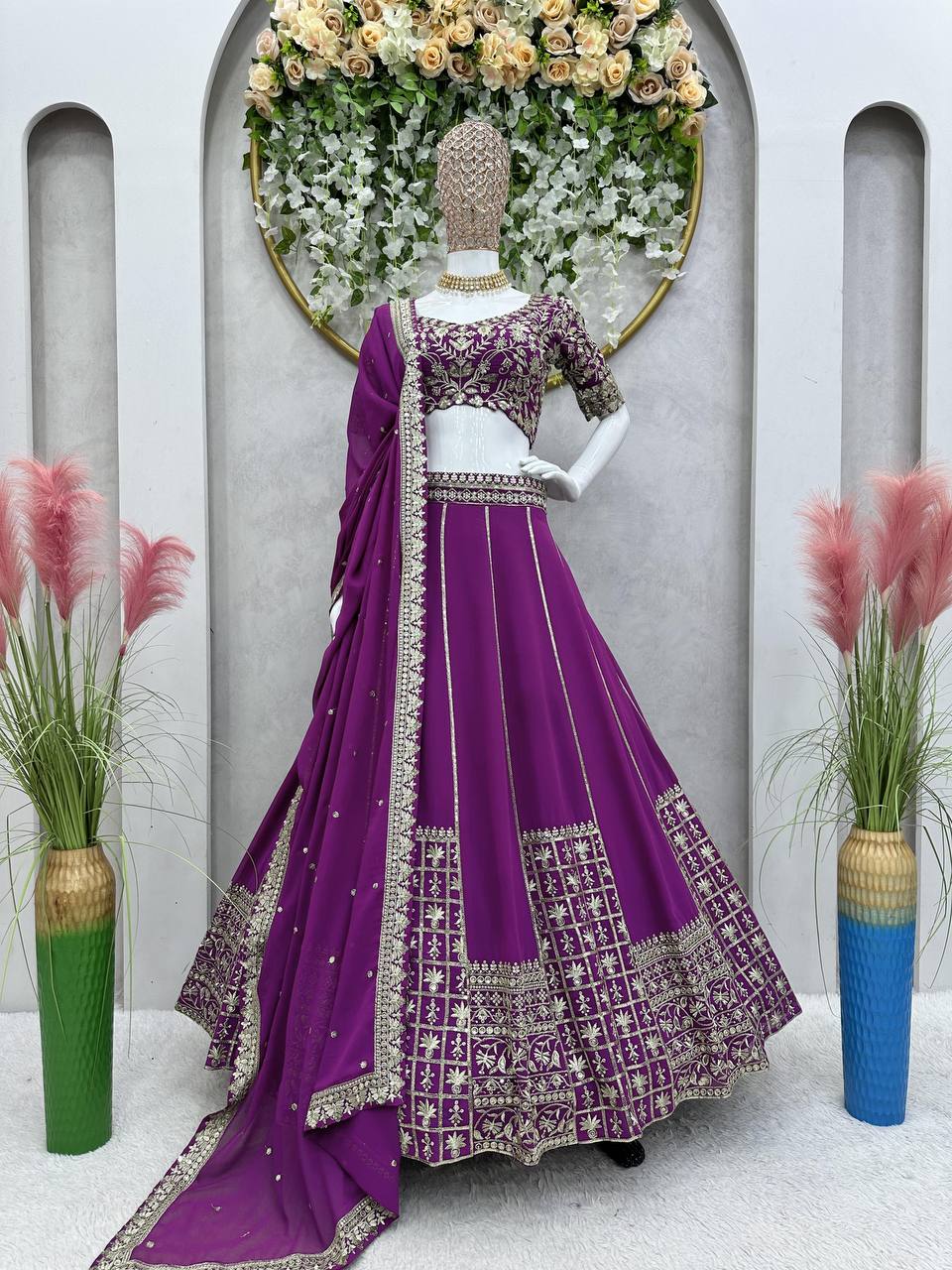 Purple Luxe Faux Georgette Semi-Stitched Lehenga Set with Thread & Sequence Work