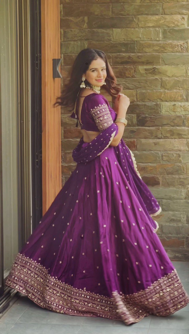 Purple Luxurious Satin Silk Semi-Stitched Lehenga Choli Set with Sequin Embroidery & Fancy Lace Dupatta