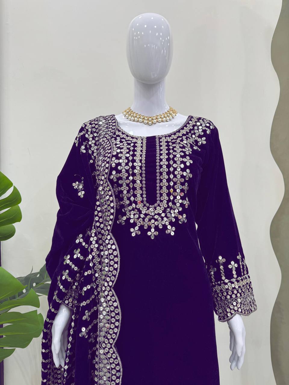Purple Luxurious Viscose Velvet Plazo Set with Embroidered Dupatta