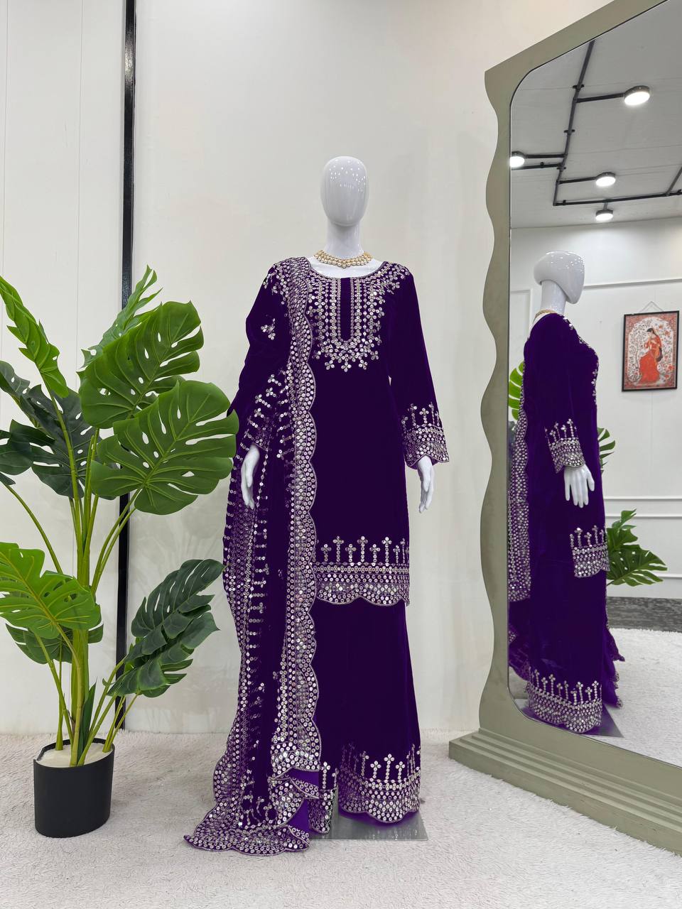 Purple Luxurious Viscose Velvet Plazo Set with Embroidered Dupatta