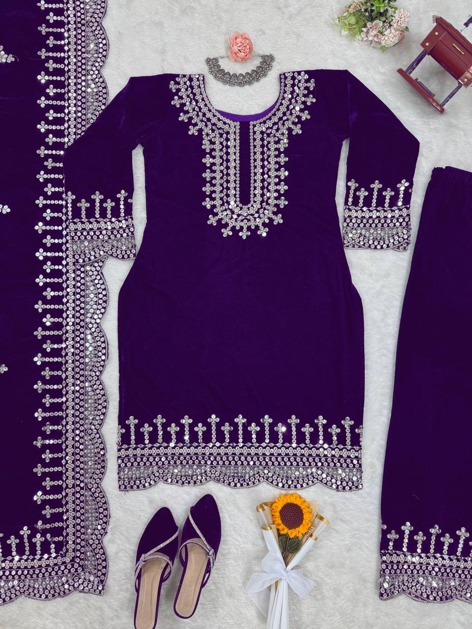 Purple Luxurious Viscose Velvet Plazo Set with Embroidered Dupatta