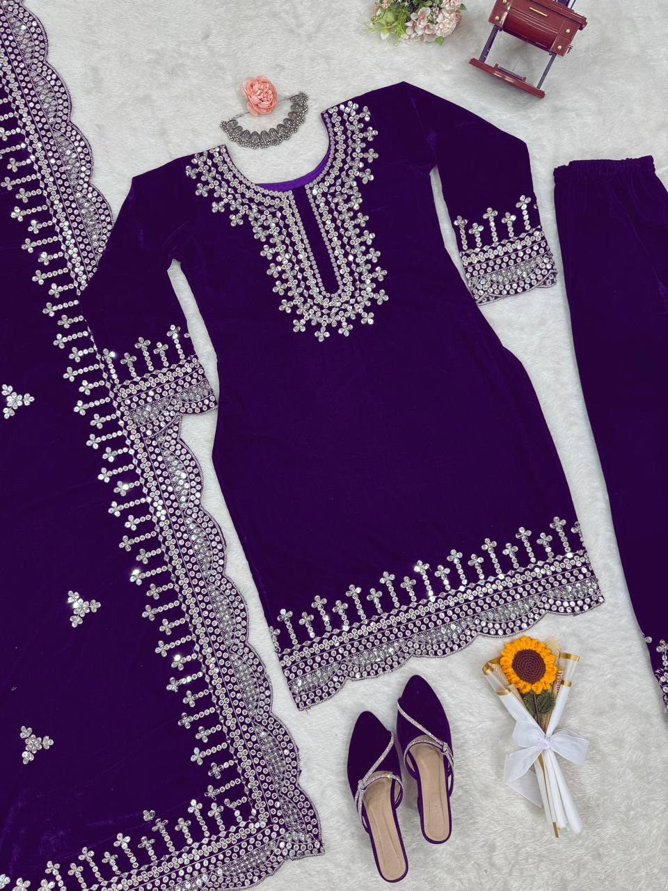 Purple Luxurious Viscose Velvet Plazo Set with Embroidered Dupatta