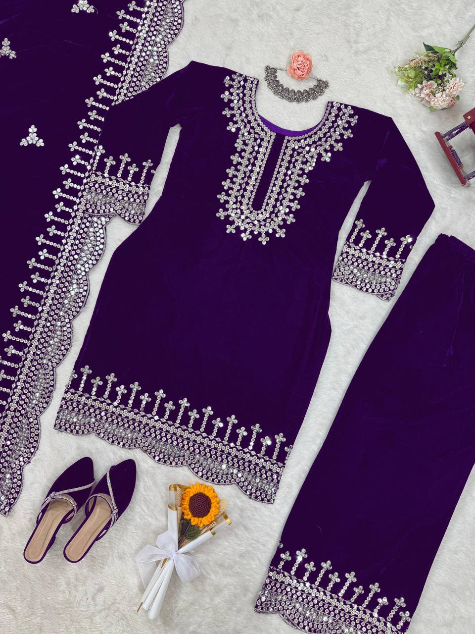 Purple Luxurious Viscose Velvet Plazo Set with Embroidered Dupatta